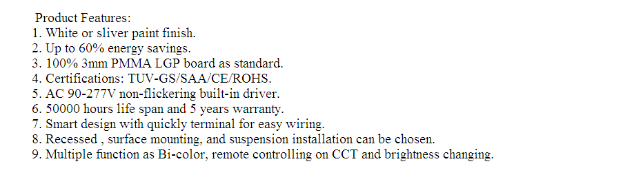 GS SAA AC200-240V EU hot sell 2mm LGP and UGR less 19 Diffuser Panel Light Square shape 1-10v dimming Flicker free 5 years warranty led driver Recessed Surface Mounting or Suspension Easy installation with clips Wide range function 0N-0FF MS sensor 